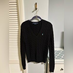 Ralph Lauren Black Cable Knit V-Neck Sweater